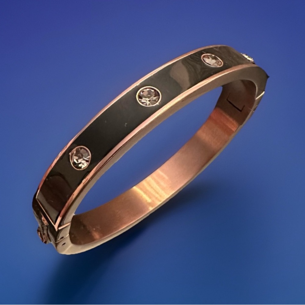 Fossil Black Enamel Rose Gold Tone Hinged Bangle Bracelet with Crystals